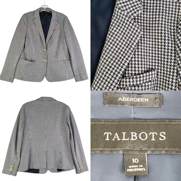 Talbots Blazer Jacket Womens Size 10 Stretch Knit Houndstooth Blue Aberdeen - Picture 1 of 10